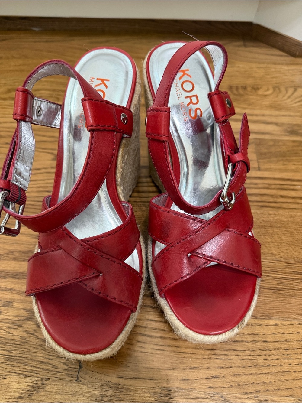 Michael Kors Red Leather Espadrille Wedge Sandals